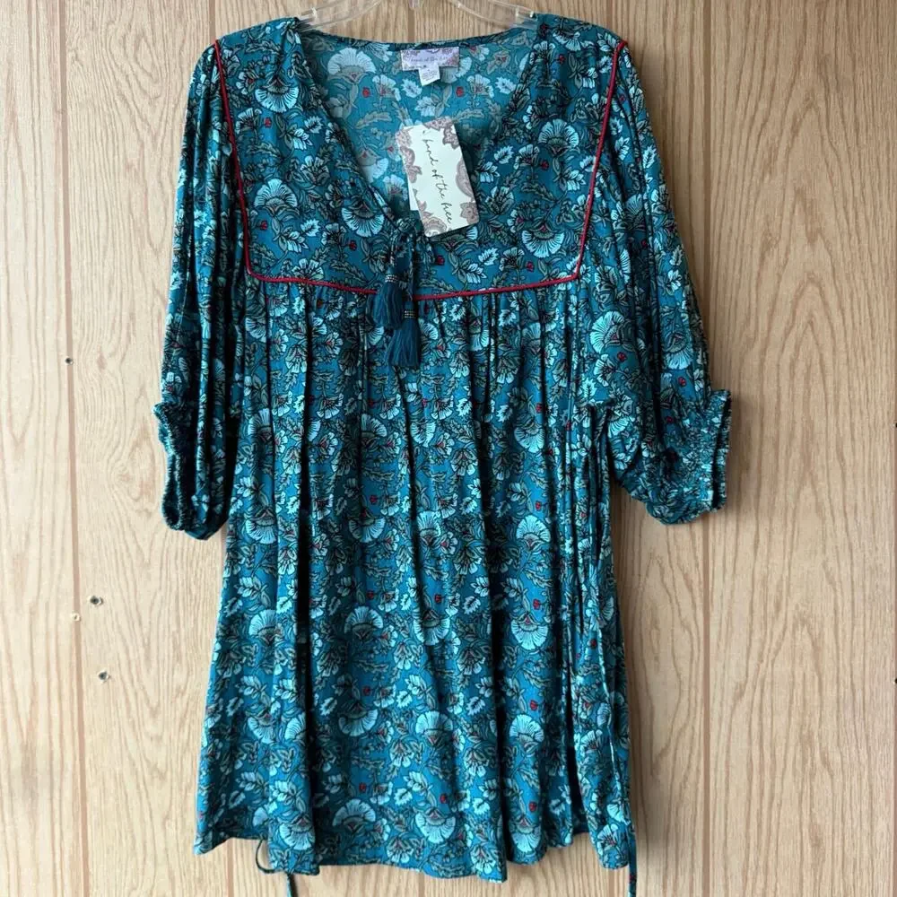 Band of the Free puff sleeve pocket short mini dress Aqua Teal floral BOG Small - Picture 5 of 16